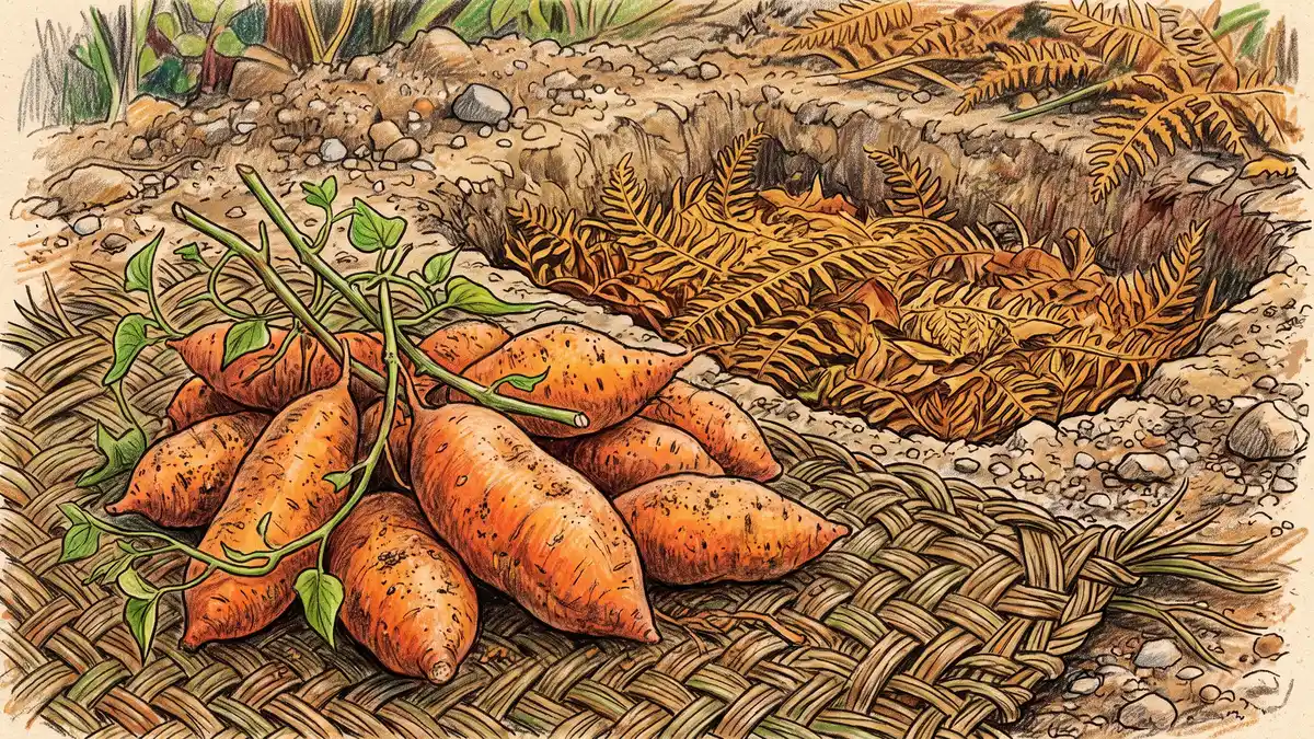 Harvested orange kumara tubers on flax matting beside a shallow storage pit lined with dry bracken fern