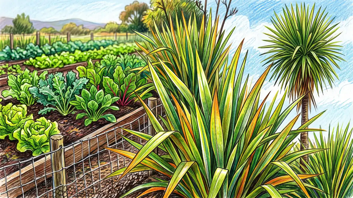 Shelterbelt of New Zealand flax and a cabbage tree protecting rows of leafy greens behind a wire rabbit fence