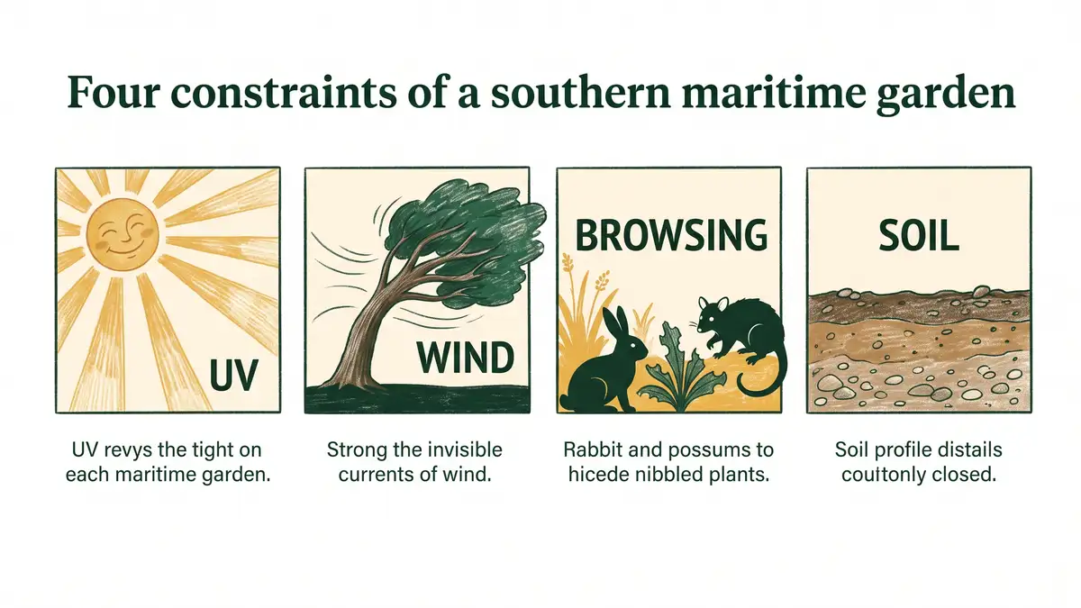 Hand-drawn infographic showing four constraints of a southern maritime garden: UV, wind, browsing animals and soil