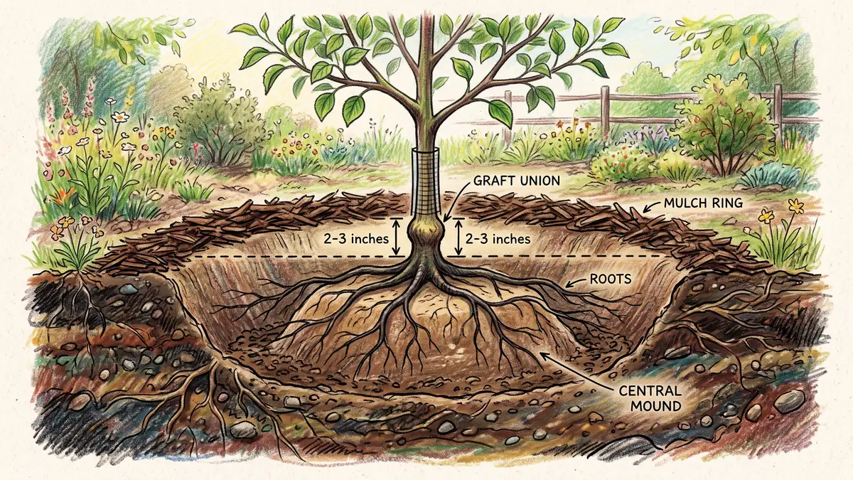 Cutaway of a correctly planted bare root fruit tree with roots spread over a soil cone and the graft union above the soil line