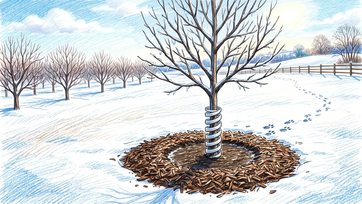 Young leafless fruit tree in winter with a spiral trunk guard and a mulch ring kept clear of the trunk, rabbit tracks in the snow