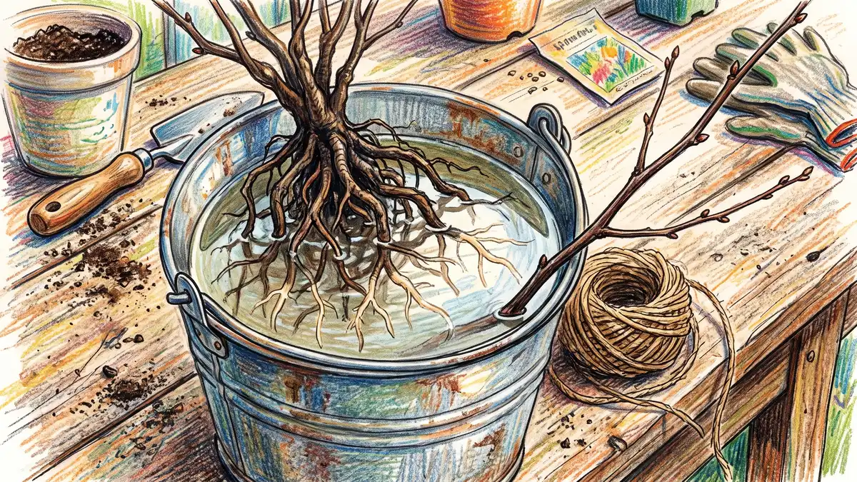 Dormant bare tree roots soaking in a galvanised bucket of water with a leafless whip leaning against it
