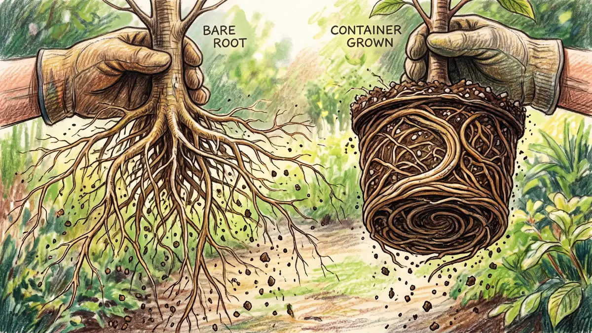Comparison of a bare root tree with roots fanning outward beside a container root ball with tightly circling spiral roots