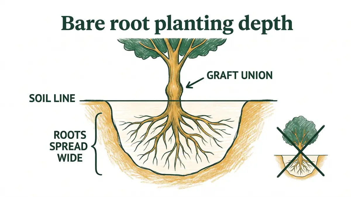 Hand-drawn infographic showing correct bare root planting depth with the graft union above the soil line and roots spread wide