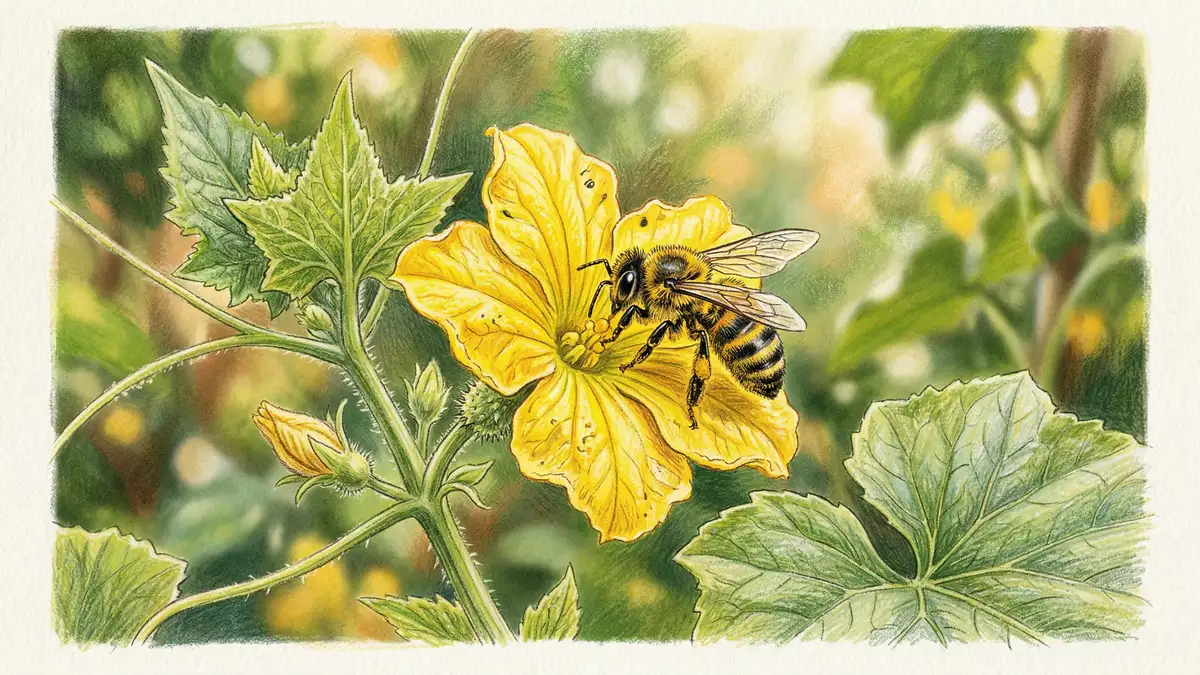 Pencil-crayon close-up illustration of a honey bee visiting a cucumber flower
