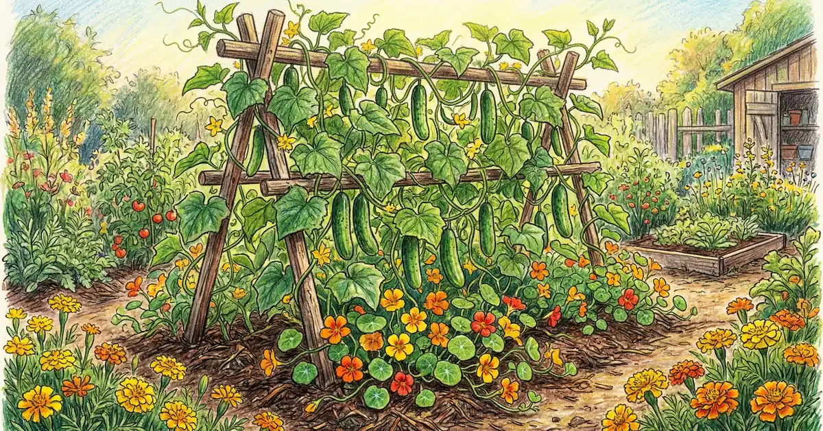 Cucumber vines climbing a trellis with nasturtiums and marigolds in a permaculture garden bed