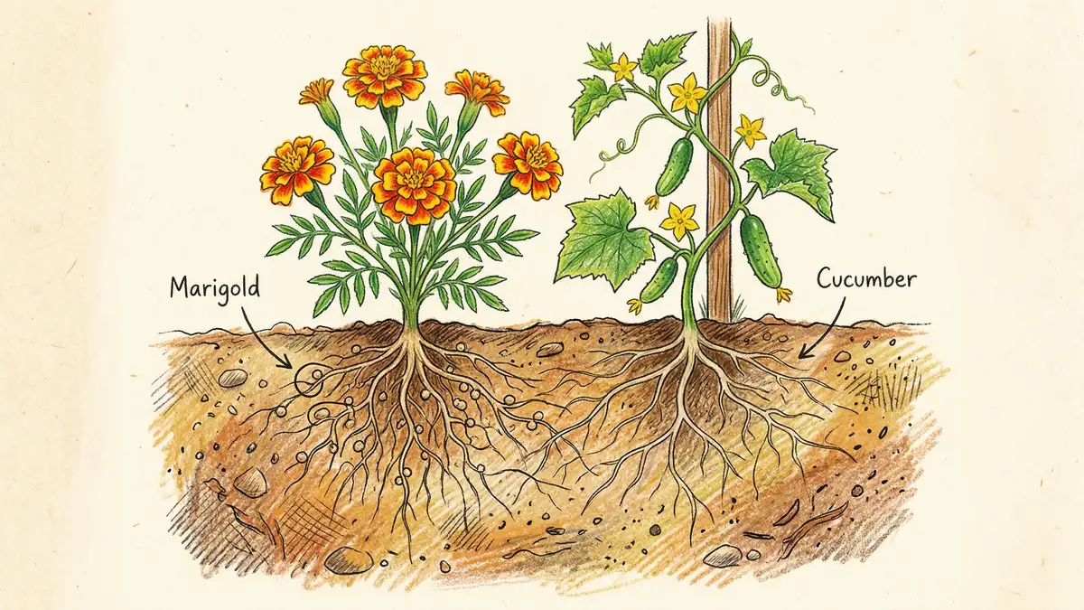 Pencil-crayon illustration of a French marigold growing among cucumber roots