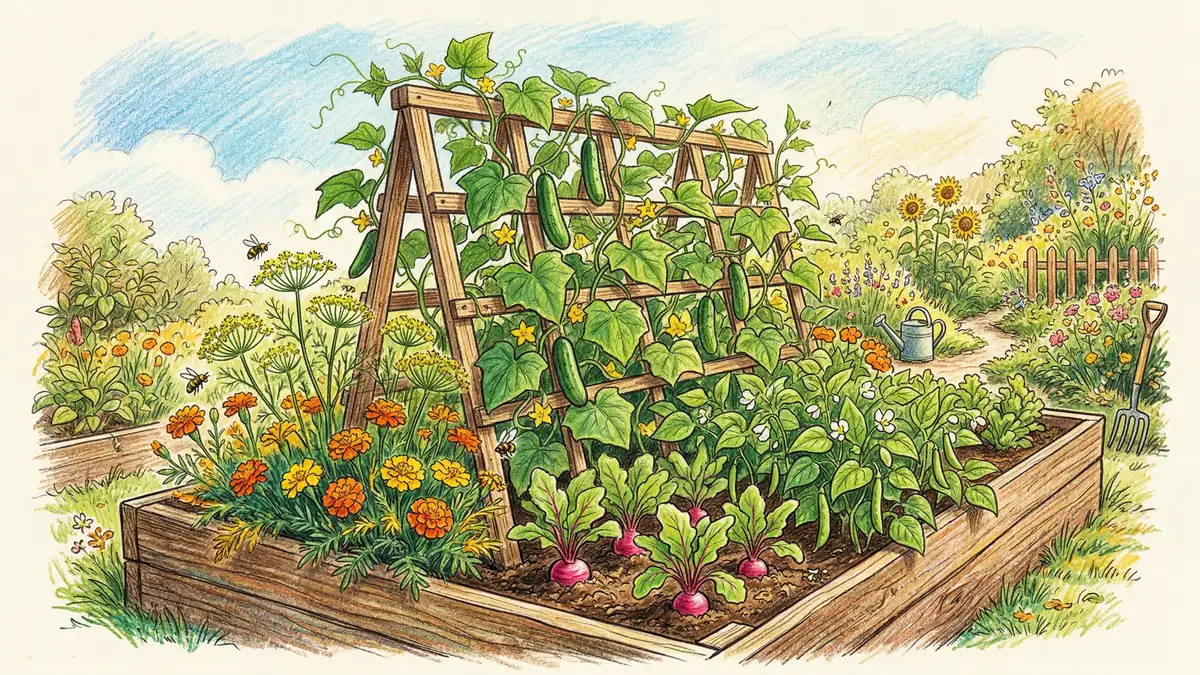 Pencil-crayon illustration of a raised bed cucumber polyculture with marigolds, dill and beans