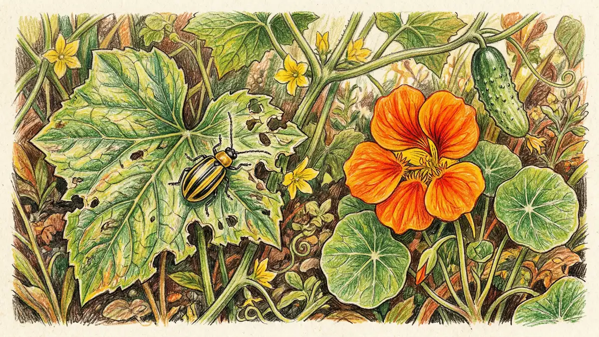 Pencil-crayon illustration of a striped cucumber beetle on a leaf next to an orange nasturtium