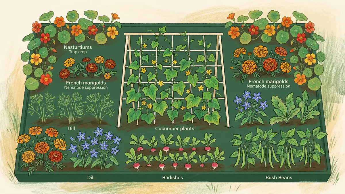 Pencil-crayon infographic showing the cucumber companion planting layout with nasturtiums on the perimeter, marigolds between vines, dill and borage at corners