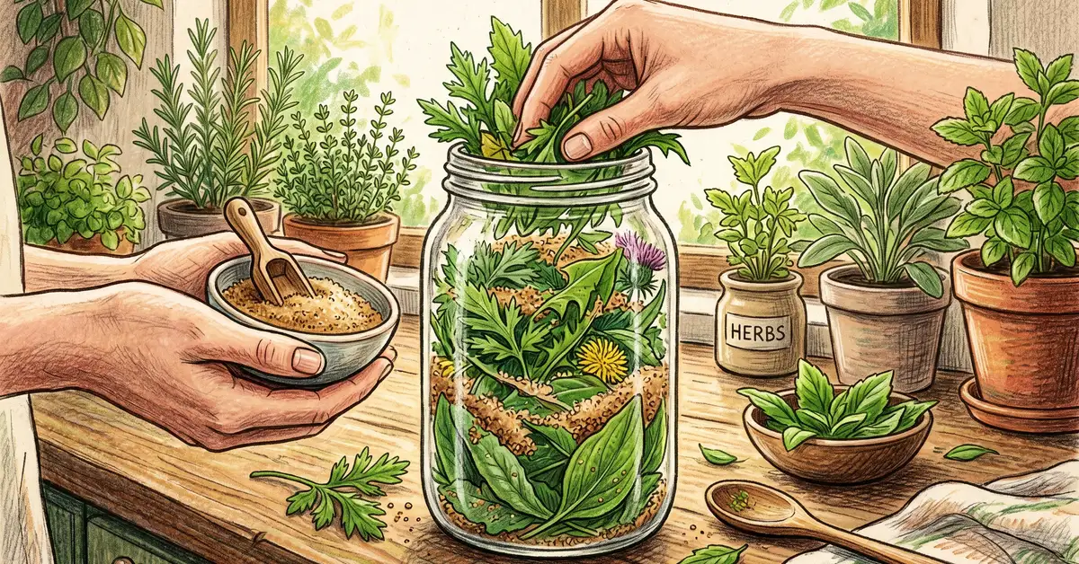 Close-up pencil-crayon illustration of hands packing fresh green plant material and brown sugar into a glass jar to make Fermented Plant Juice