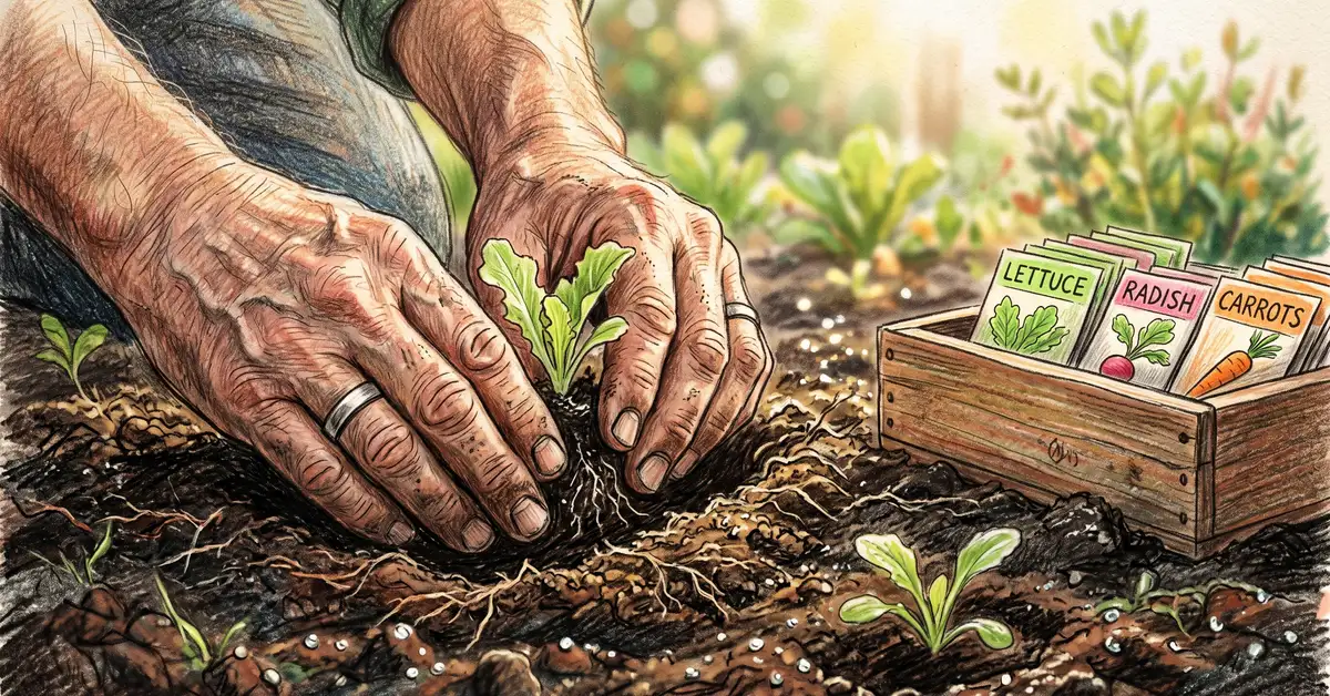 Hands placing lettuce seedlings into freshly prepared garden soil with labeled seed packets nearby