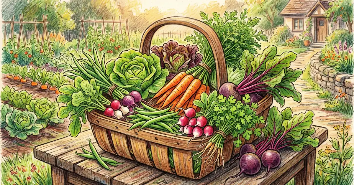 A late-summer harvest basket overflowing with lettuce, carrots, bush beans, radishes, cilantro, and beets from successive plantings