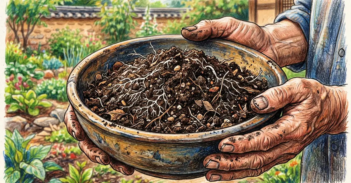 Pencil-crayon illustration of a wooden bowl filled with dark, crumbly, microbe-rich finished IMO 4 soil inoculant
