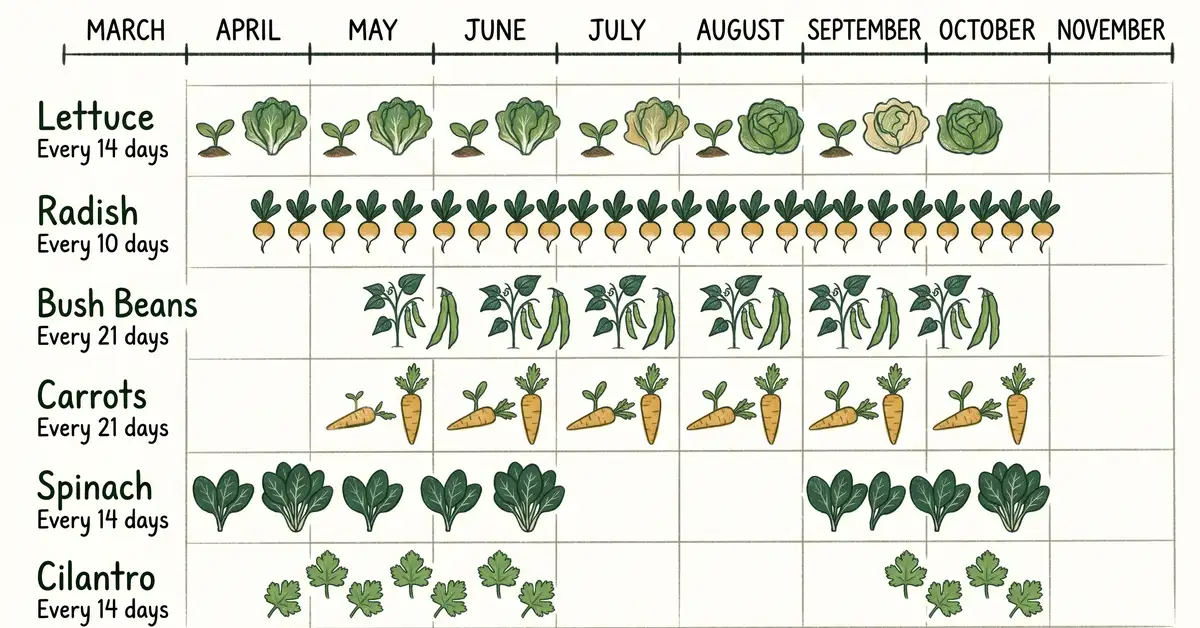 Succession planting timeline infographic showing staggered sowing and harvest windows for lettuce, radish, bush beans, carrots, spinach, and cilantro from March through November