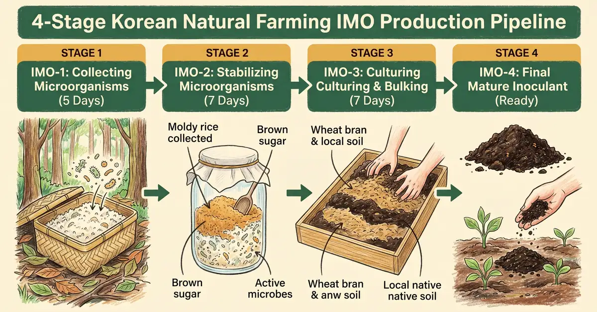 Pencil-crayon infographic showing the four stages of the Indigenous Microorganism pipeline: IMO 1 rice trap in the forest, IMO 2 sugar jar, IMO 3 bran pile, and IMO 4 finished soil inoculant
