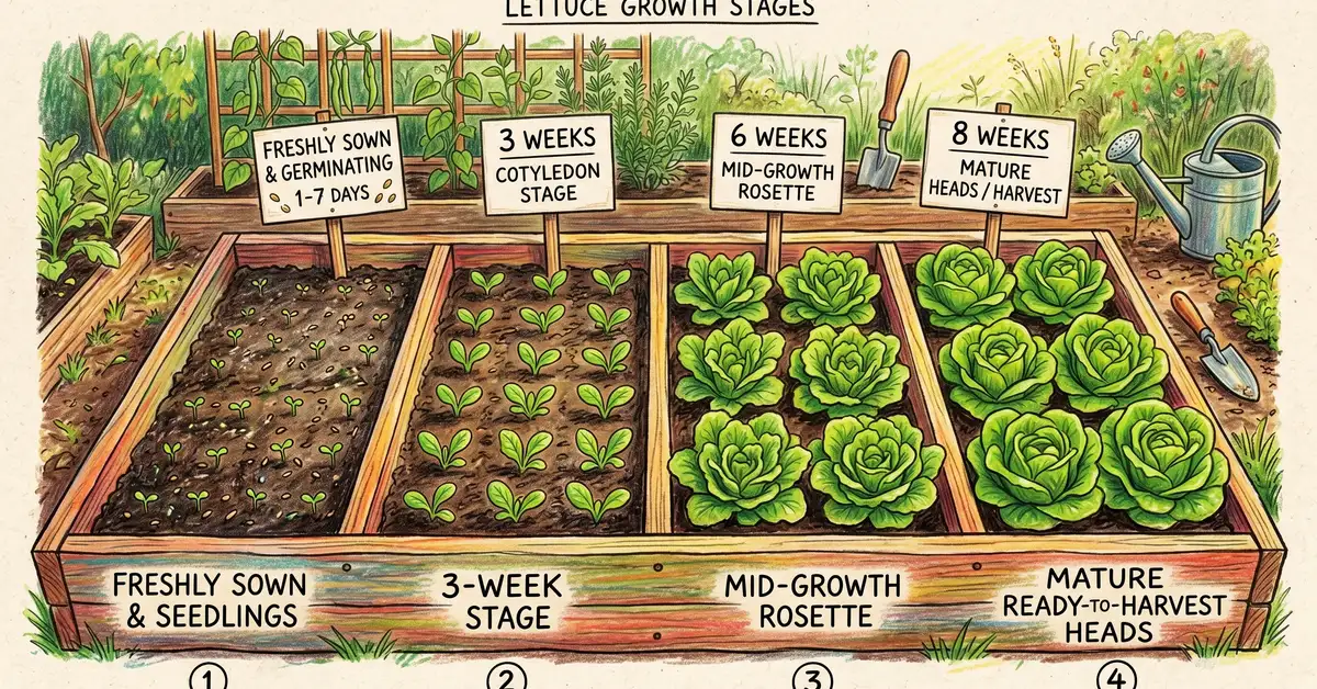 Wide illustration showing the same garden bed with lettuce at four growth stages from freshly sown to ready-to-harvest, demonstrating how a single bed divided into quarters produces continuous harvest