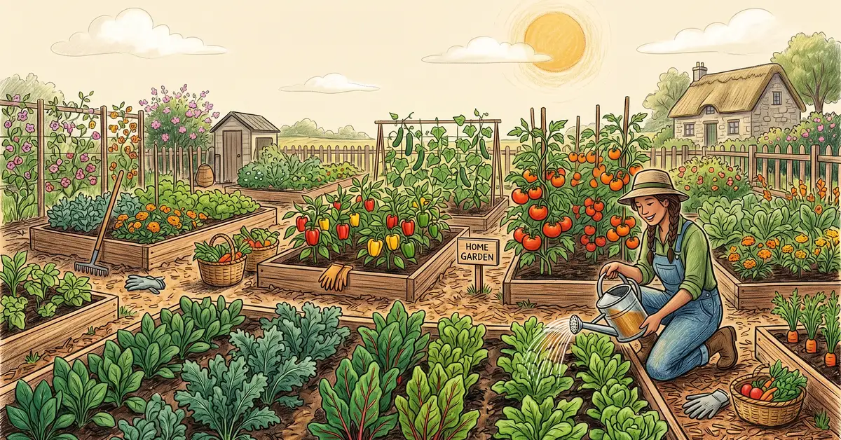 Pencil-crayon wide illustration of a thriving backyard vegetable garden with leafy greens, tomato plants, sunflowers, and rich composted beds under gentle sunlight