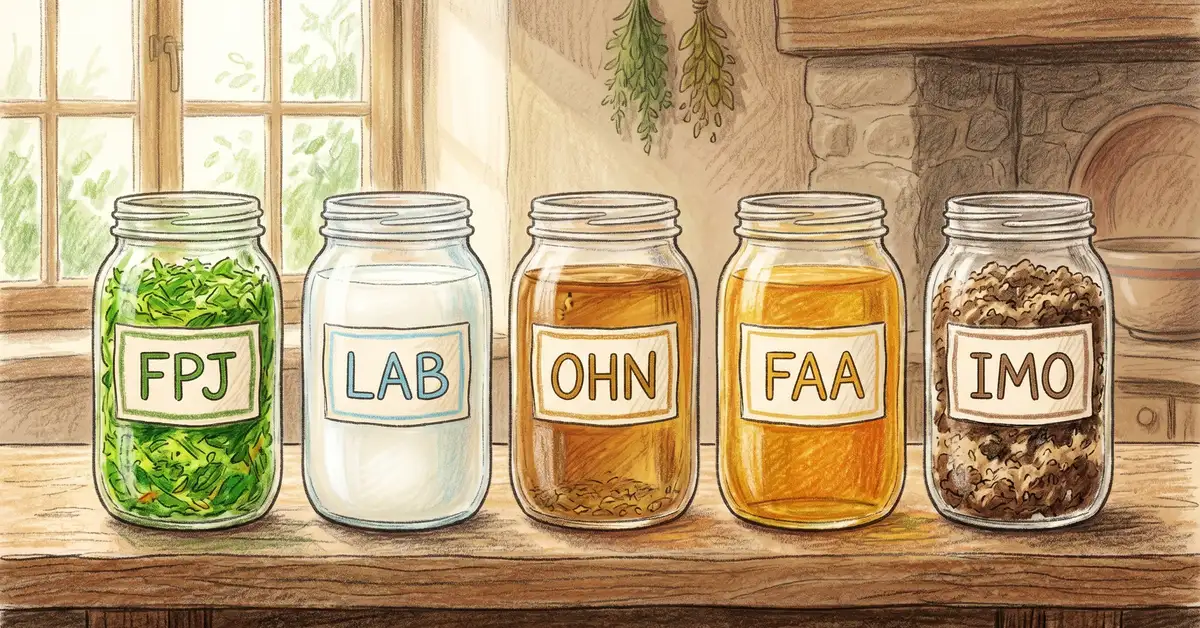Pencil-crayon illustration of a row of five glass jars containing Fermented Plant Juice, Lactic Acid Bacteria, Fish Amino Acid, Oriental Herbal Nutrient, and Water-Soluble Calcium on a wooden shelf