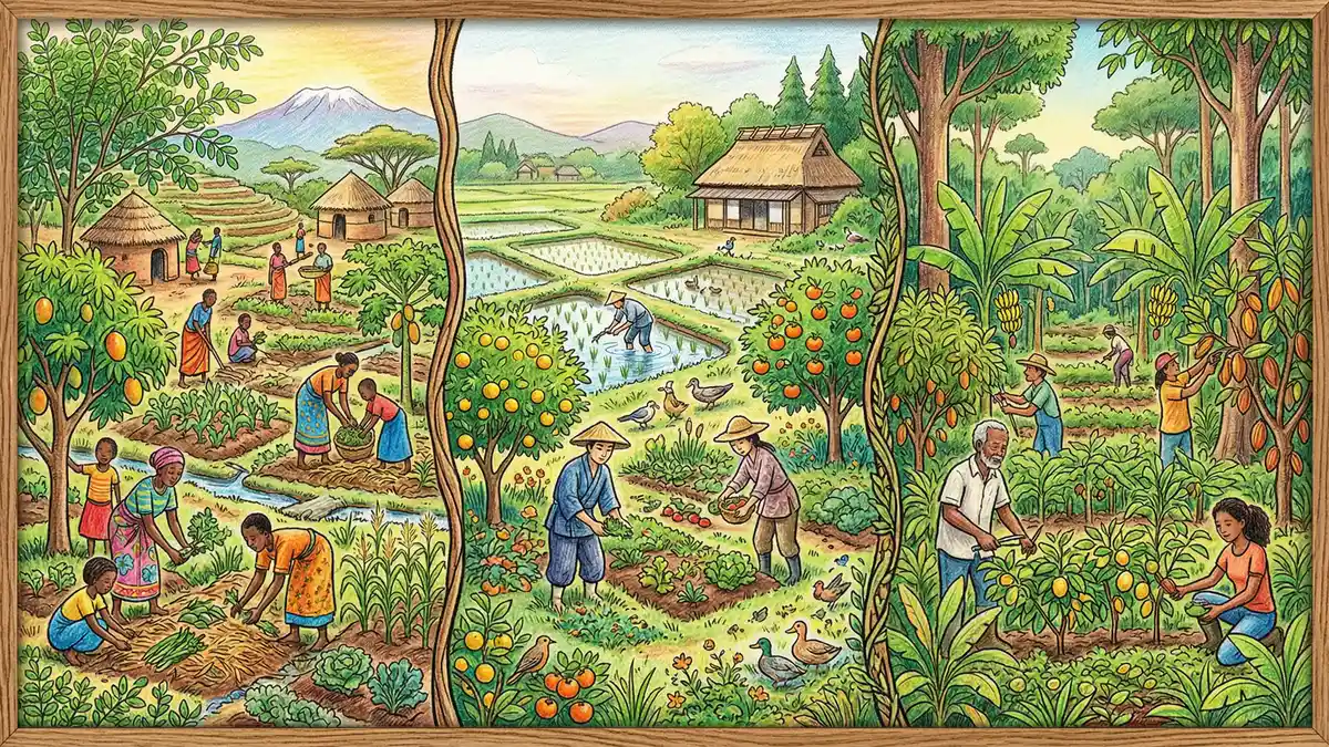 Pencil-crayon illustration showing permaculture practices from Africa, Asia, and Brazil with community food forests, rice paddies, and syntropic agroforestry rows