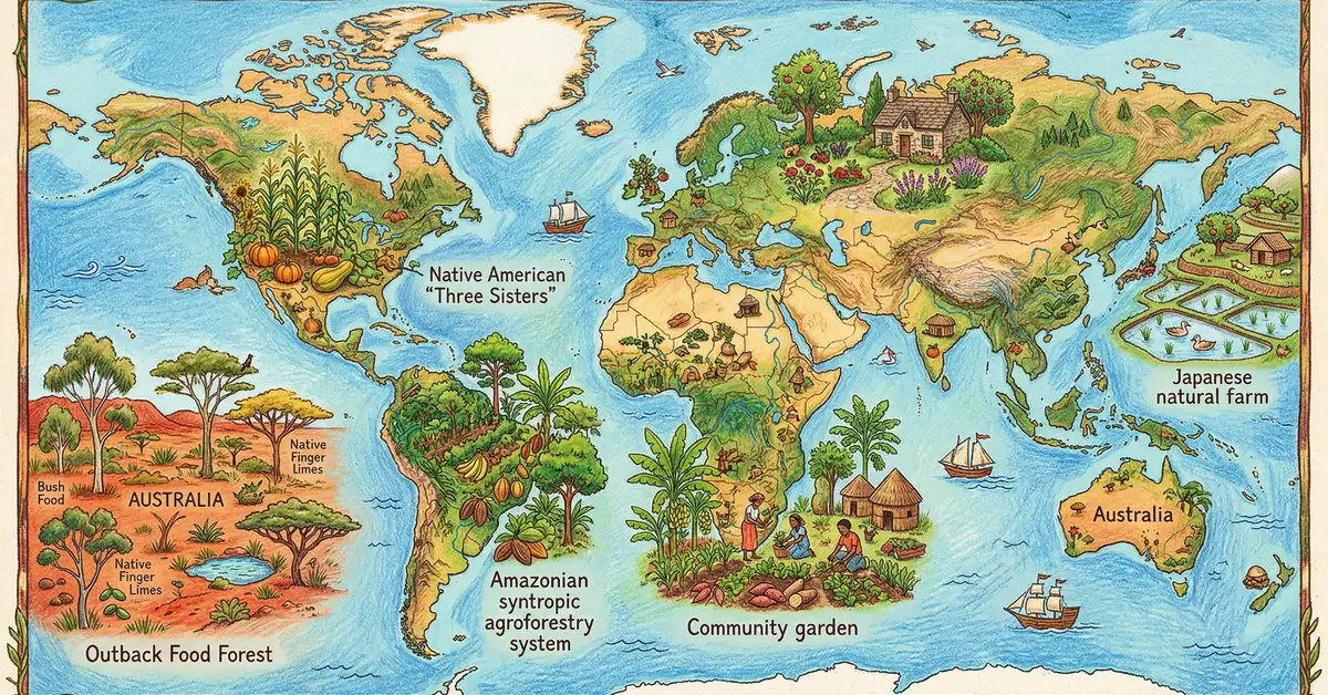 Pencil-crayon world map showing diverse permaculture gardens across continents with Australian food forest, Japanese rice farm, African community garden, and Brazilian agroforestry