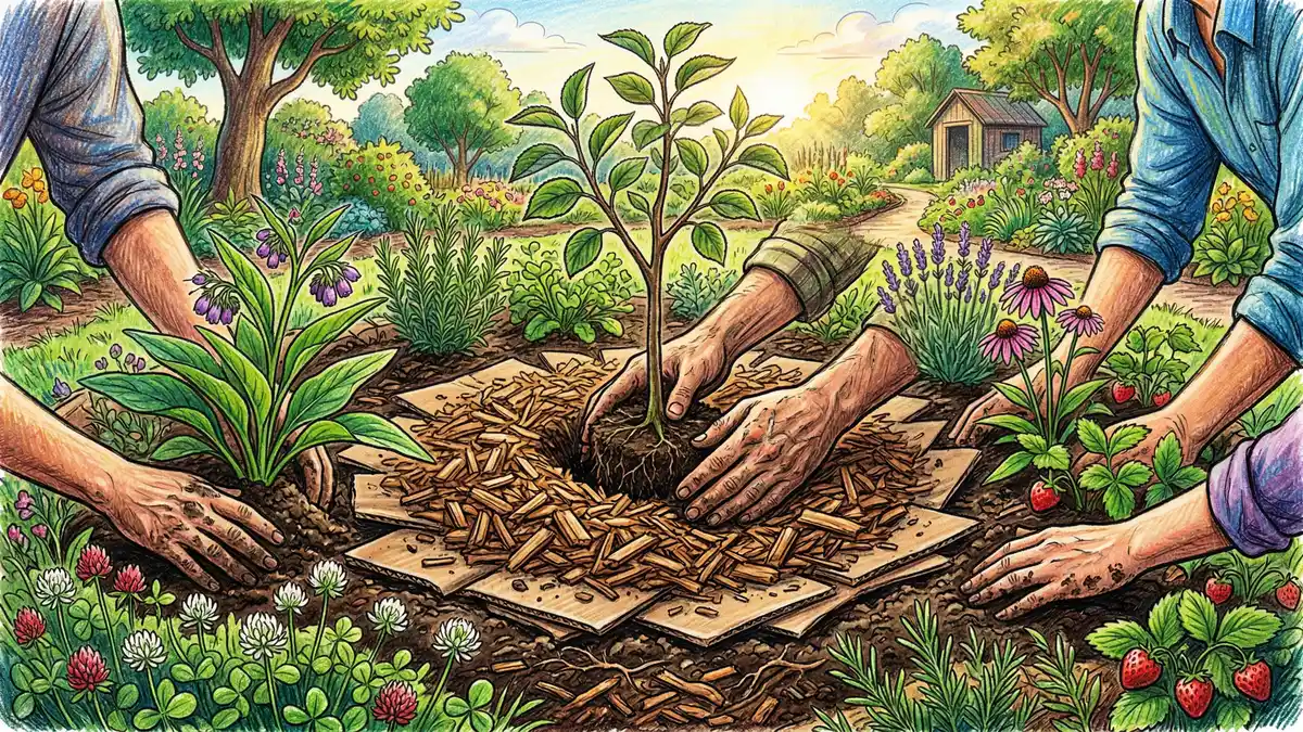 Hands planting fruit tree sapling with companion plants comfrey and clover in sheet mulch bed showing permaculture guild planting for beginners