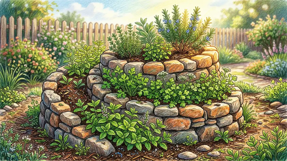 Permaculture herb spiral built from stacked stones with rosemary thyme parsley and mint growing in microclimates for beginners