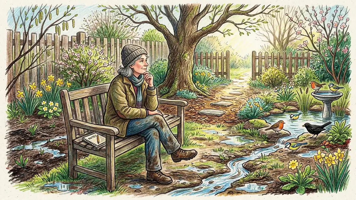 Gardener sitting on wooden bench observing spring backyard with notebook studying sunlight patterns and water flow for permaculture design