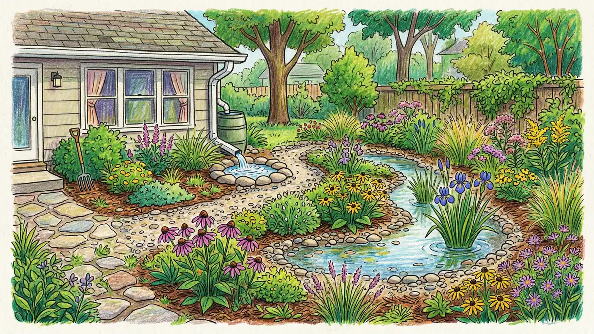 Rain garden swale in suburban backyard capturing roof runoff with native wildflowers and grasses showing permaculture water harvesting