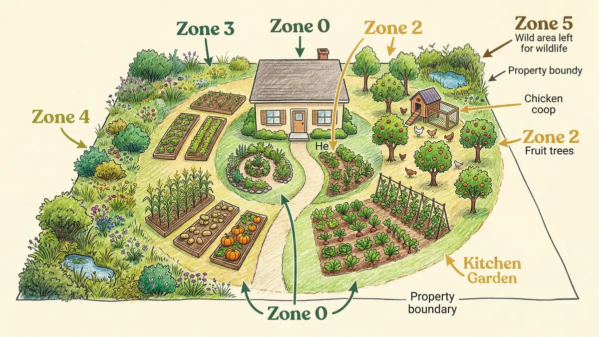 Pencil-crayon infographic showing permaculture zones 0 through 5 on a suburban quarter-acre property with house herbs fruits and wildlife areas
