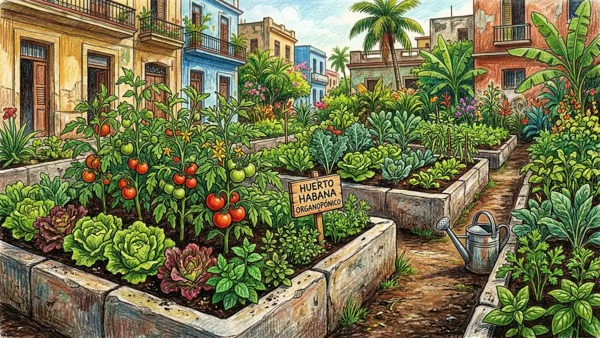 Pencil-crayon illustration of Cuban organoponico urban raised bed garden in Havana with dense vegetable plantings and tropical background