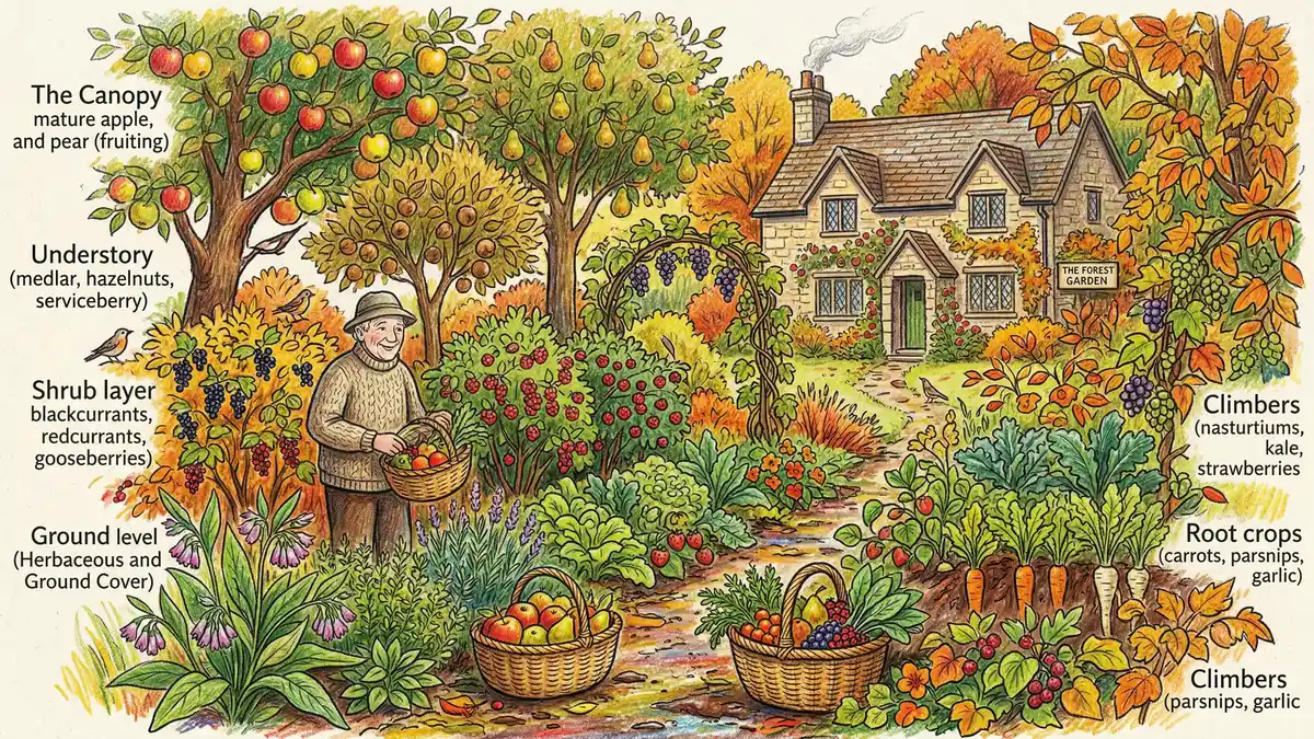Pencil-crayon illustration of European permaculture forest garden with apple trees, currant bushes, comfrey, and English stone cottage in autumn harvest scene
