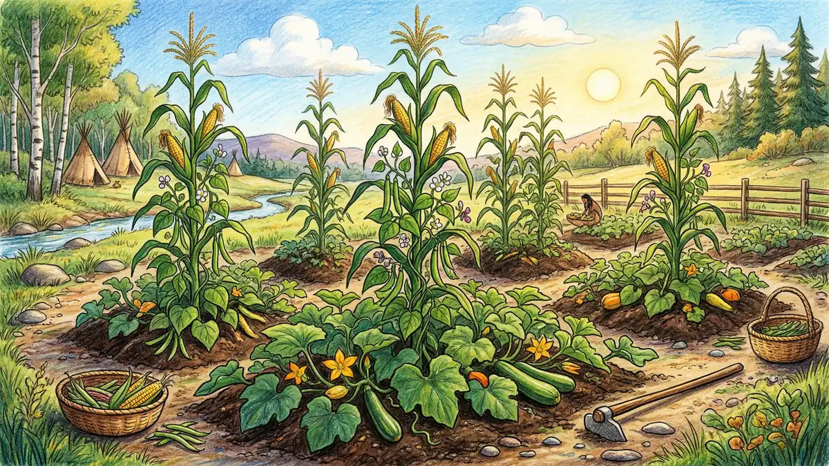 Pencil-crayon illustration of Native American Three Sisters garden with corn stalks, climbing bean vines, and squash ground cover in warm afternoon light