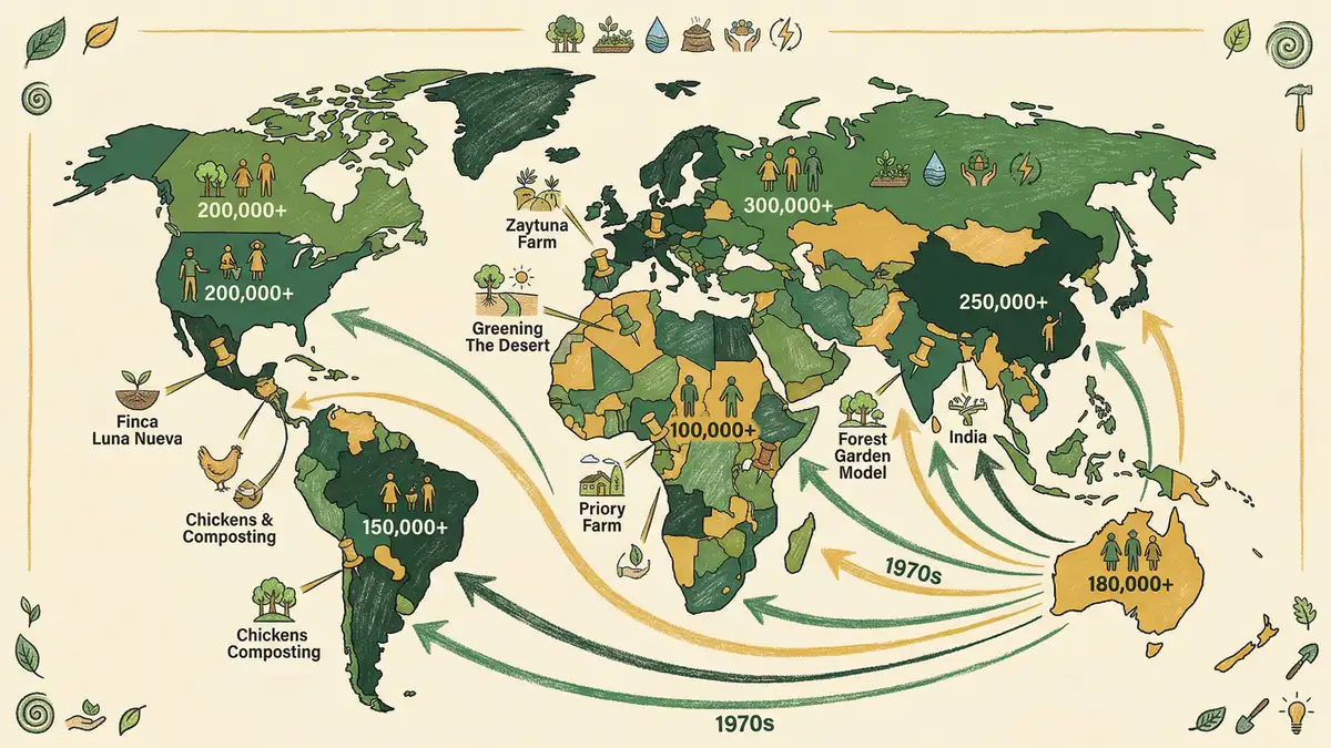 Pencil-crayon infographic world map showing global permaculture movement spread from Australia in 1978 with project markers on each continent