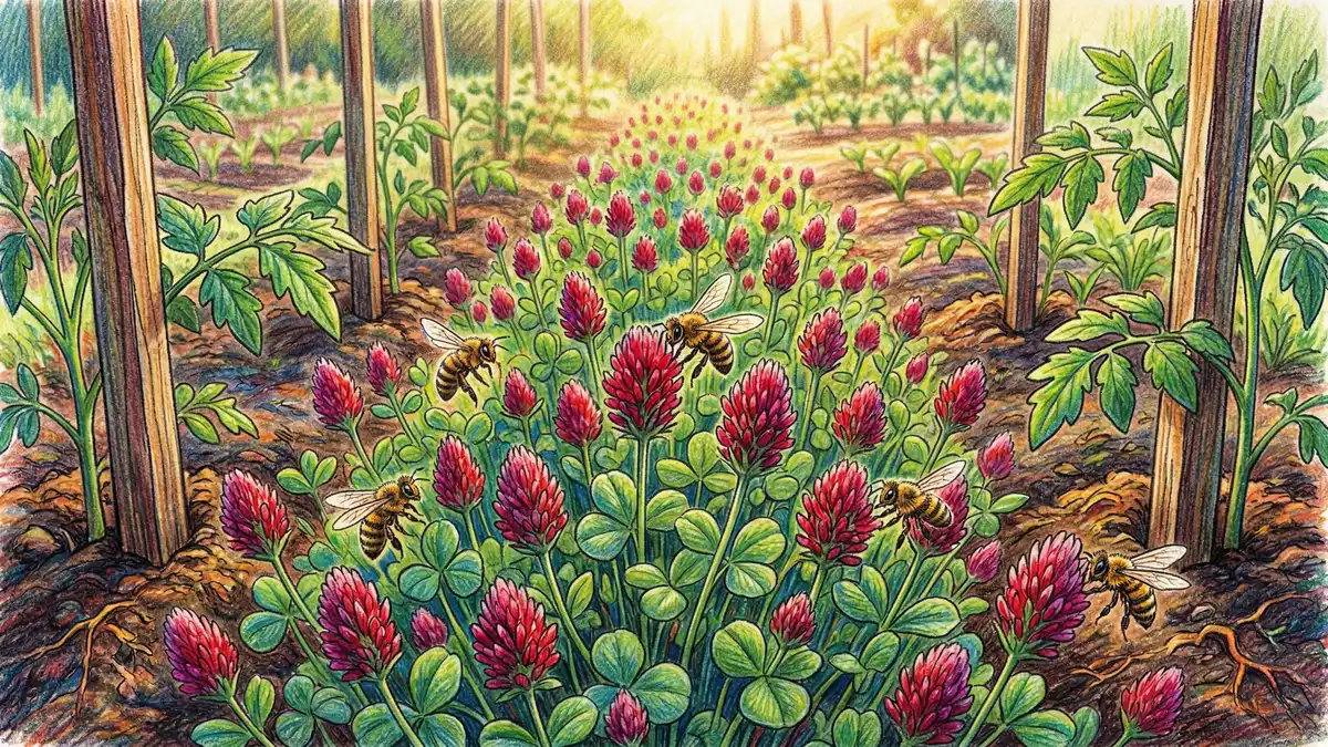 Crimson clover cover crop with purple-red flowers growing between vegetable garden rows with bees visiting in spring sunlight