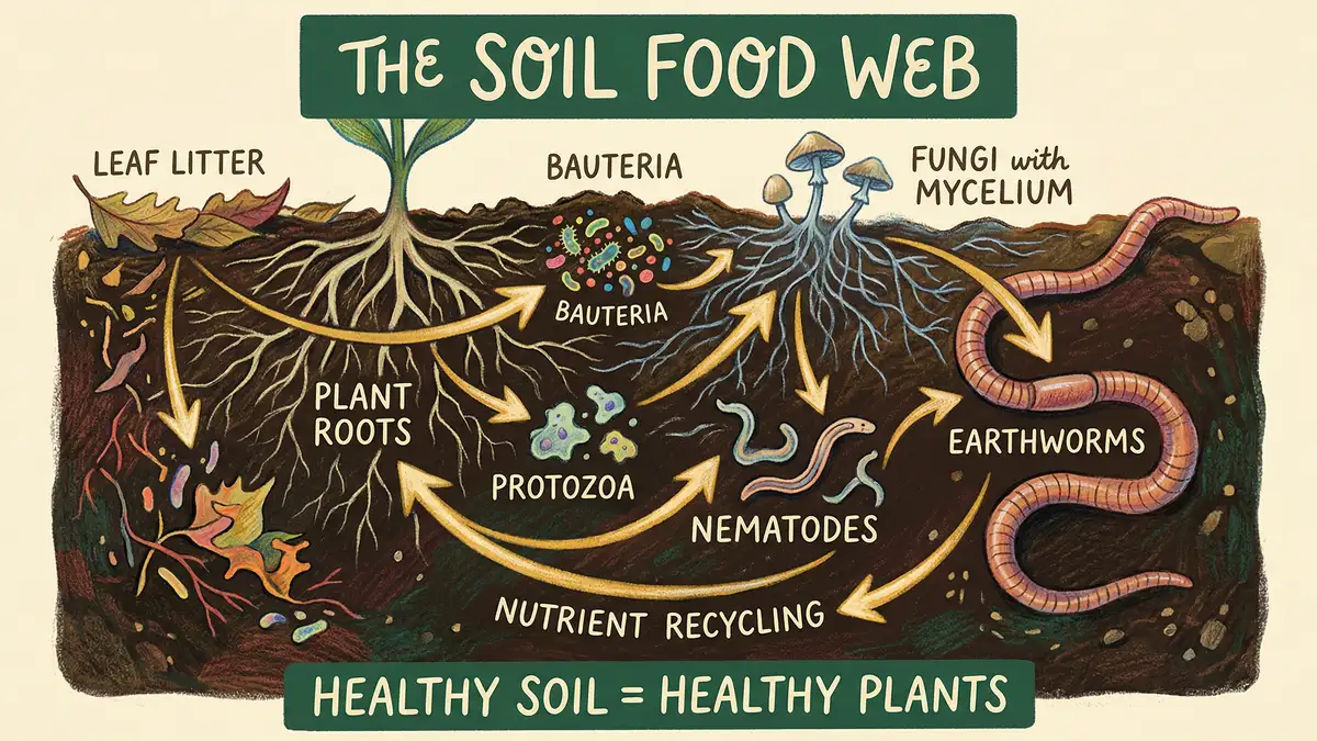Pencil-crayon infographic of the soil food web showing bacteria fungi protozoa nematodes earthworms and plant roots cycling nutrients