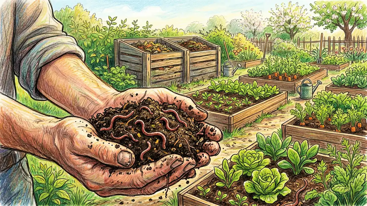 Gardener hands holding dark crumbly compost soil with earthworms in a spring vegetable garden with raised beds