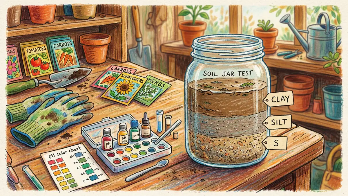 Mason jar soil texture test showing separated layers of sand silt and clay with pH testing kit on wooden potting bench