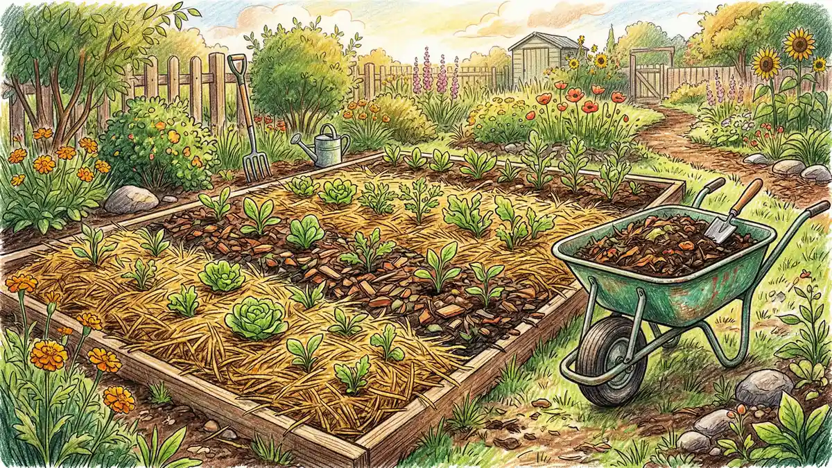 No-dig garden bed with layers of straw wood chip and leaf mulch with green seedlings emerging in warm spring afternoon light