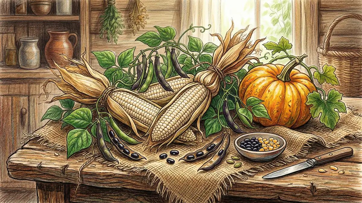 Iroquois white flour corn, Cherokee Trail of Tears pole beans, and Seneca round pod squash heirloom varieties