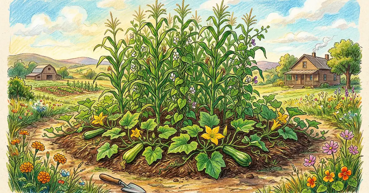 Three Sisters planting mound with corn, climbing beans, and squash growing together in a traditional Iroquois companion garden