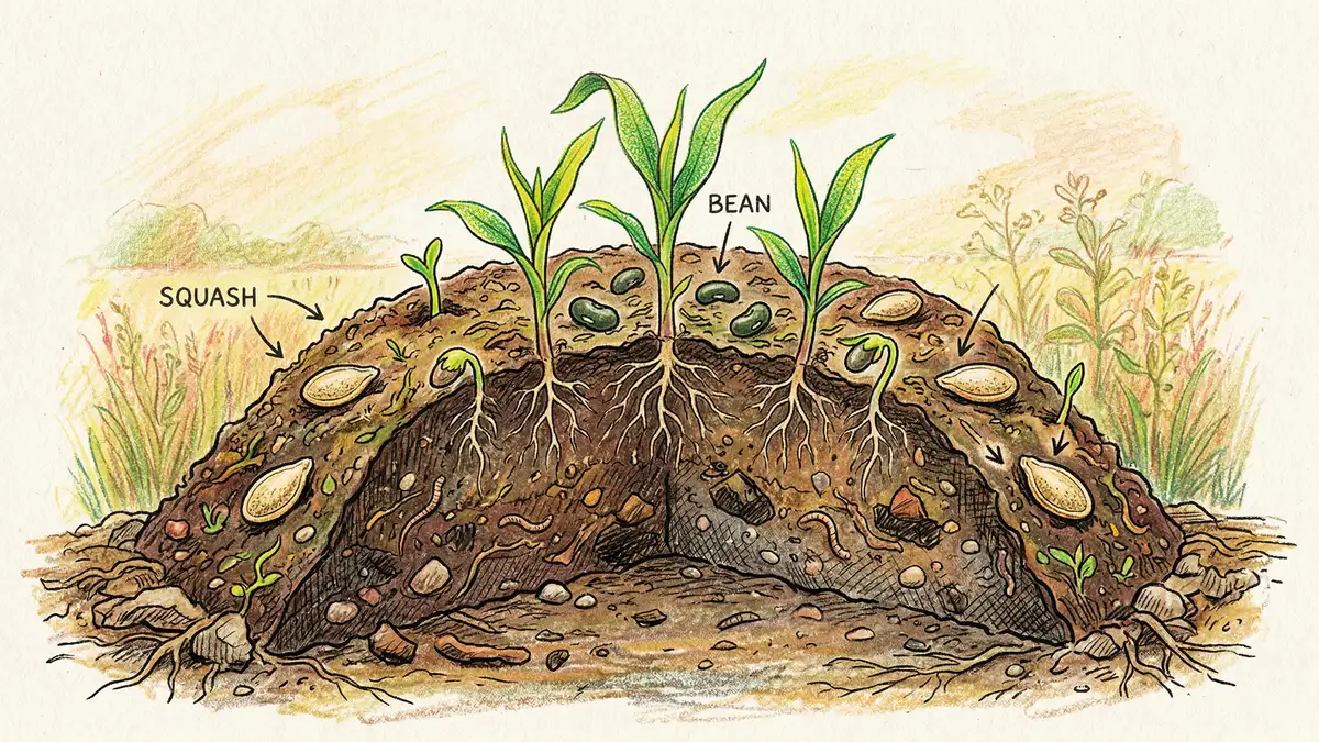 Cross-section diagram of a traditional Iroquois three sisters mound with corn, beans, and squash roots and placement