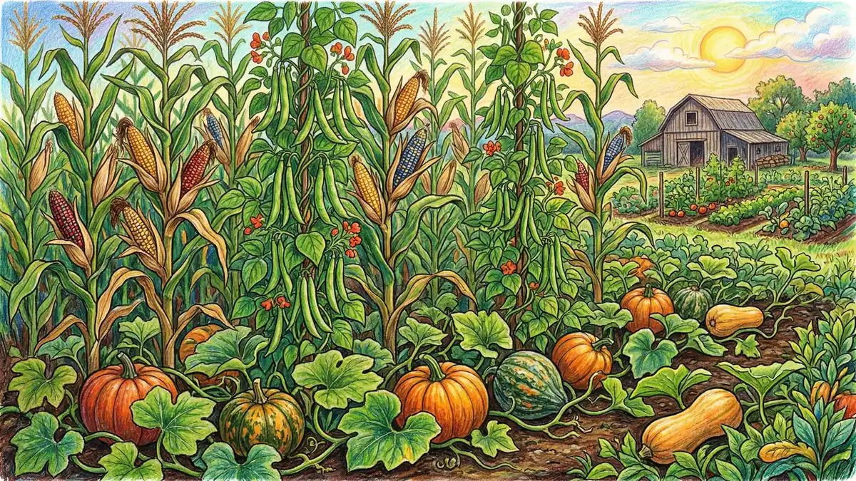 Mature three sisters garden at peak summer harvest with dent corn, climbing pole beans, and vining winter squash