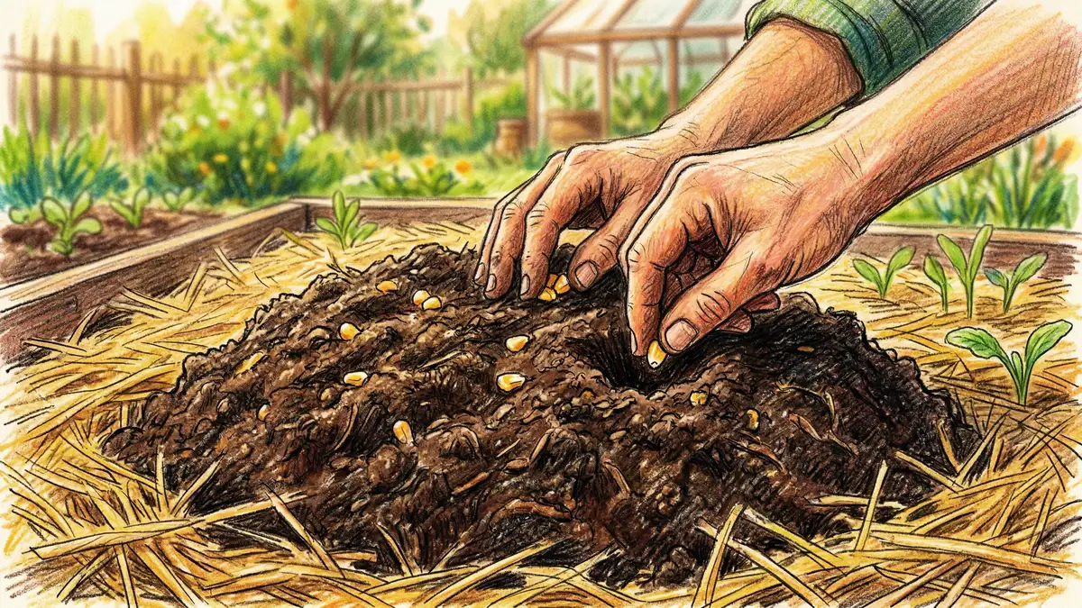 Homesteader hands pressing flint corn kernels into a mounded three sisters garden bed