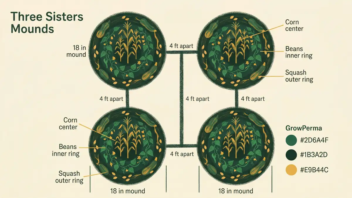 Three sisters planting diagram showing mound layout, 4 ft spacing, and corn-beans-squash positions