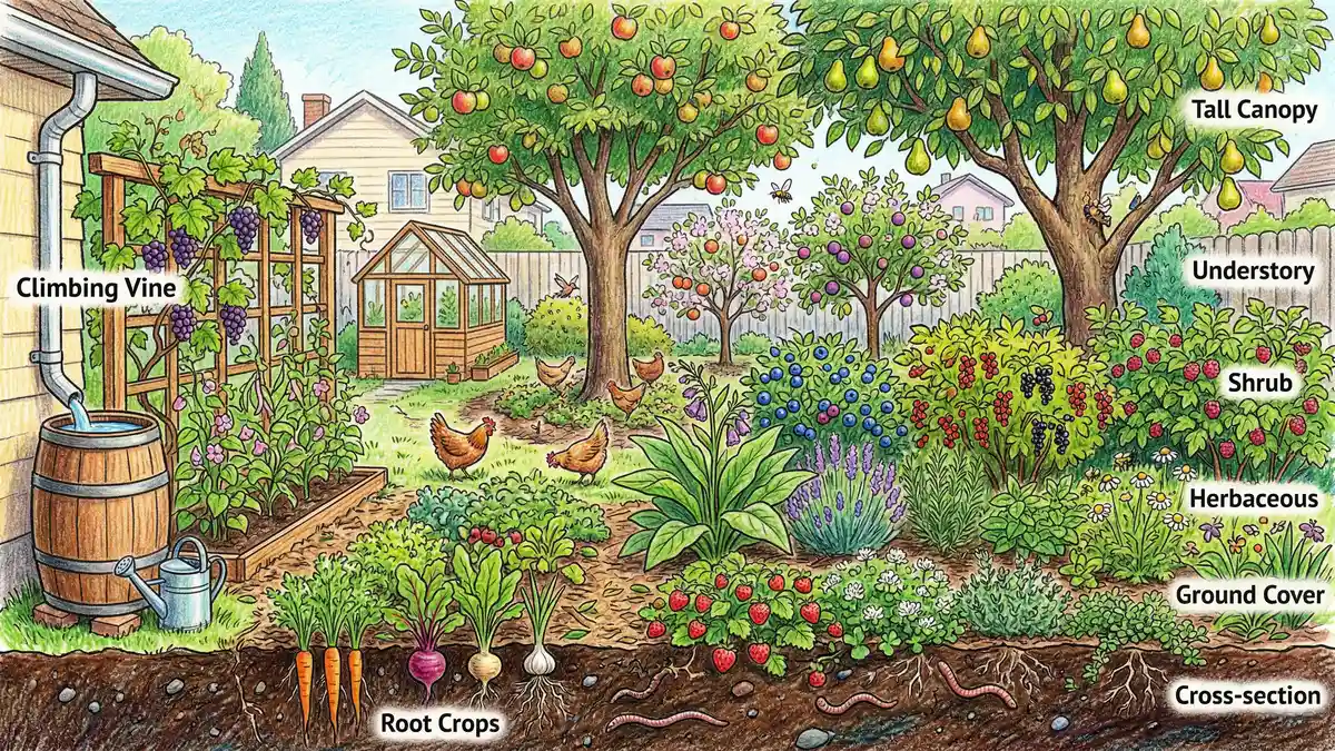 Thriving suburban food forest with seven layers including canopy fruit trees, berry bushes, herbs, ground cover, and climbing vines