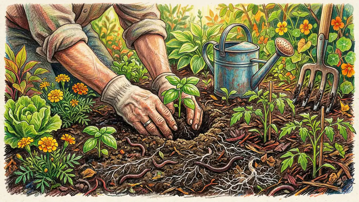 Gardener planting seedlings in rich permaculture soil with companion plants, earthworms, and leaf mulch in warm morning light