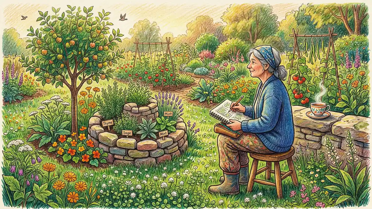 Gardener thoughtfully observing a permaculture garden with herb spiral, fruit tree guild, and clover ground cover