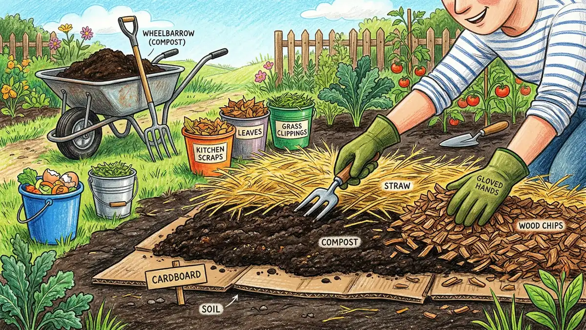 Hands building sheet mulch layers with cardboard, compost, straw, and wood chips in a permaculture garden bed