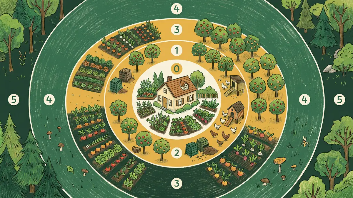 Permaculture zone infographic showing five concentric rings around a house with herbs, fruit trees, crops, foraging areas, and wild nature
